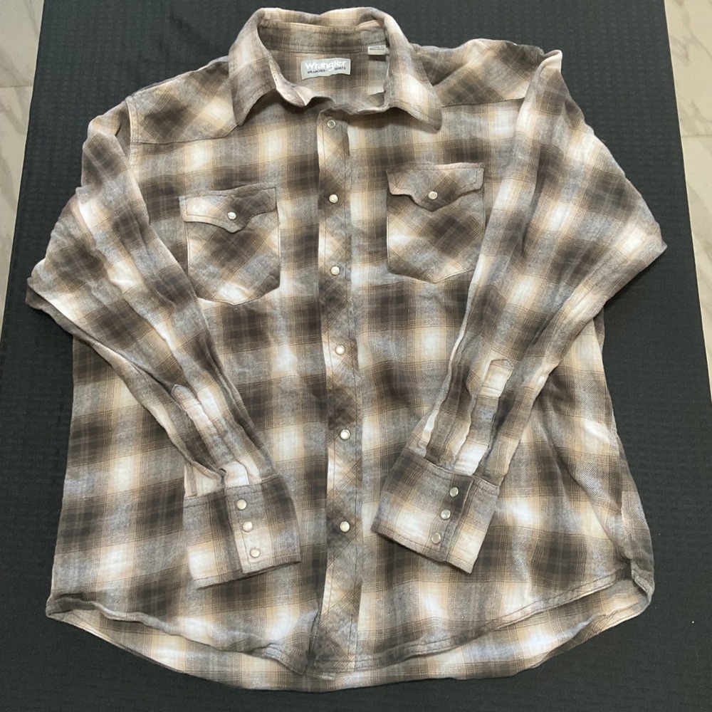 Wrangler Wrancher Mens‎ XL Brown Plaid Pearl Snap Western Cotton Dress Shirt